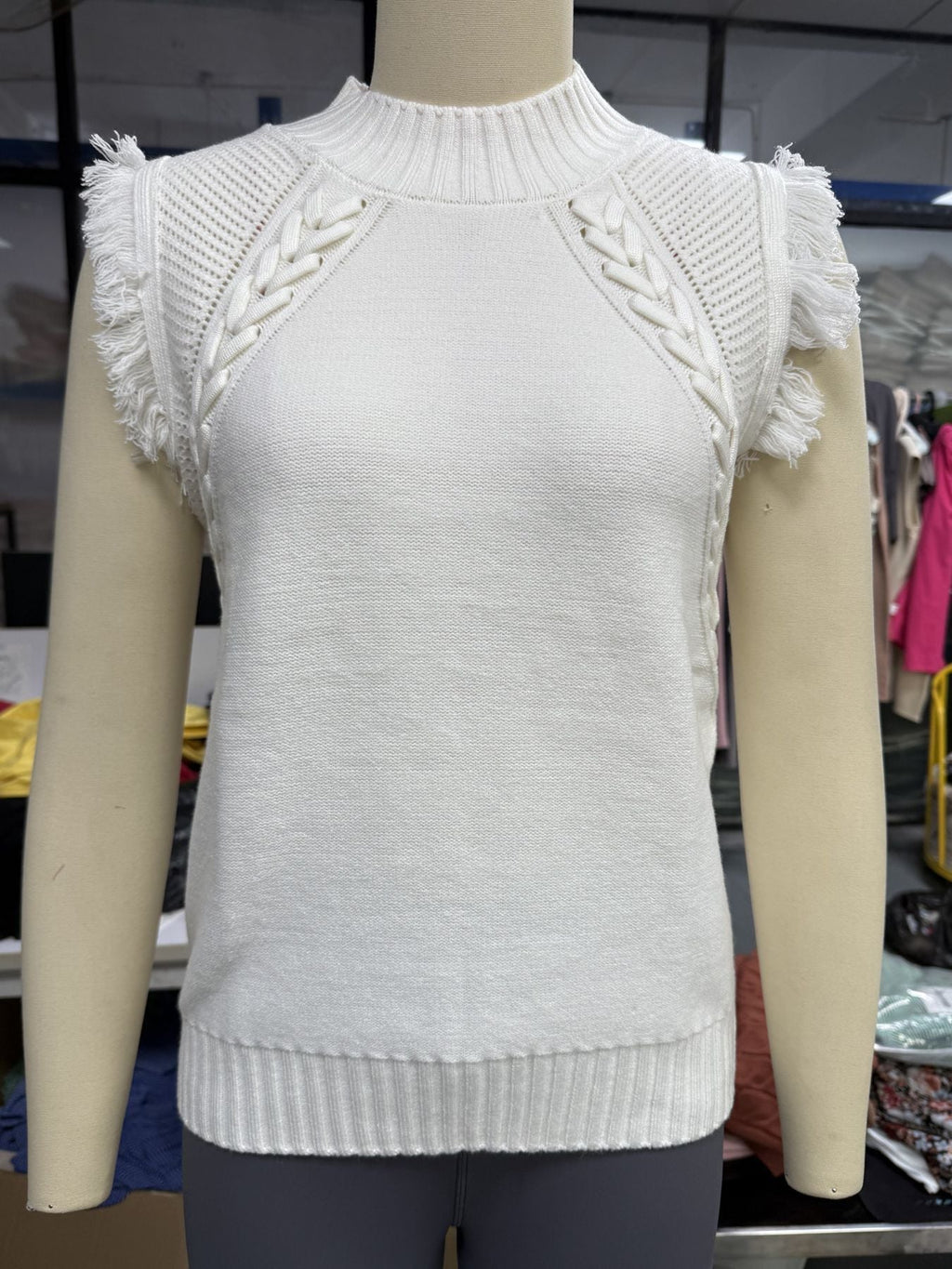 Women's elegant knit top with sophisticated crochet pattern and fringe, size S