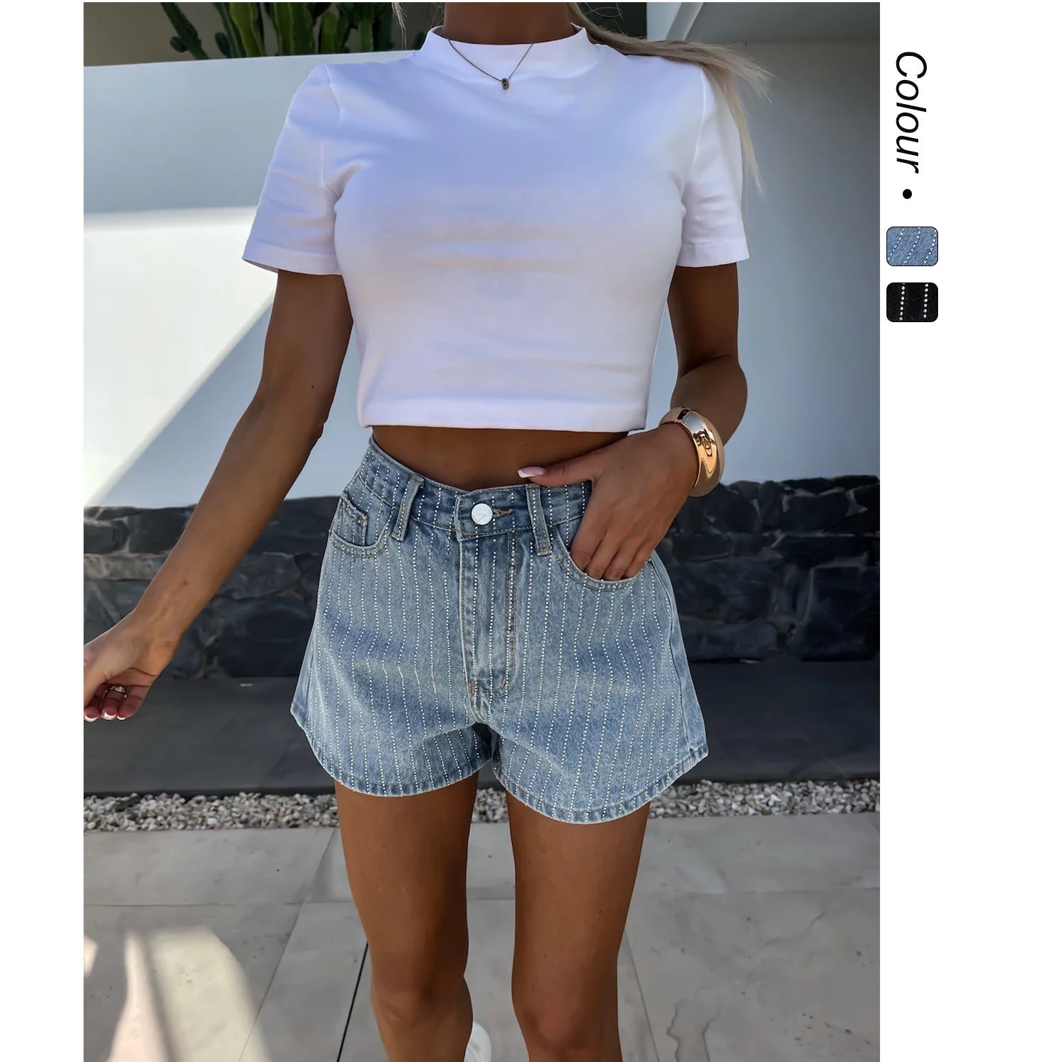Women's denim shorts with a classic cut and fine pinstripes, size S