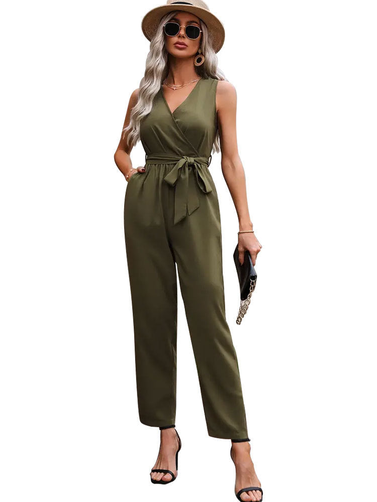 Women's elegant wrap jumpsuit with waist belt, size