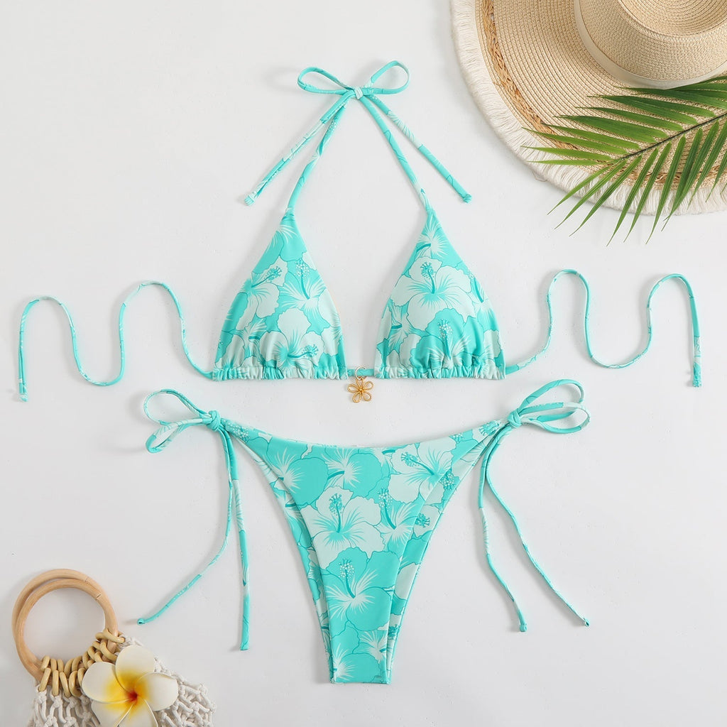 Valenzora | Women's triangle bikini set with playful floral pattern and tie straps