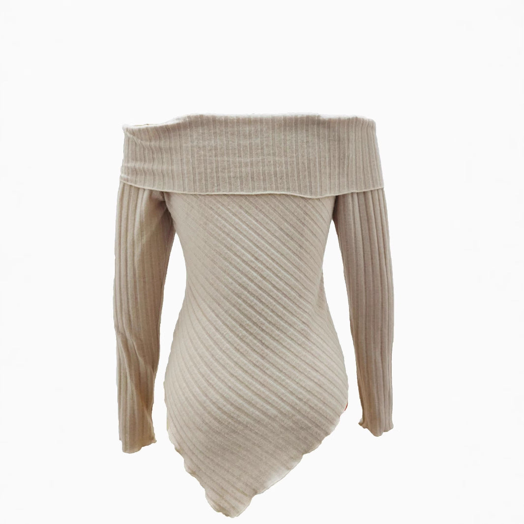 Women's off-the-shoulder ribbed knit top with asymmetrical hem and decorative details, size Valenzora
