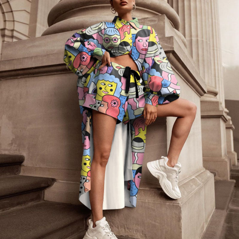 Damen-Oversize-Hemd mit Grafikprint und Shorts-Kombination, Größe S