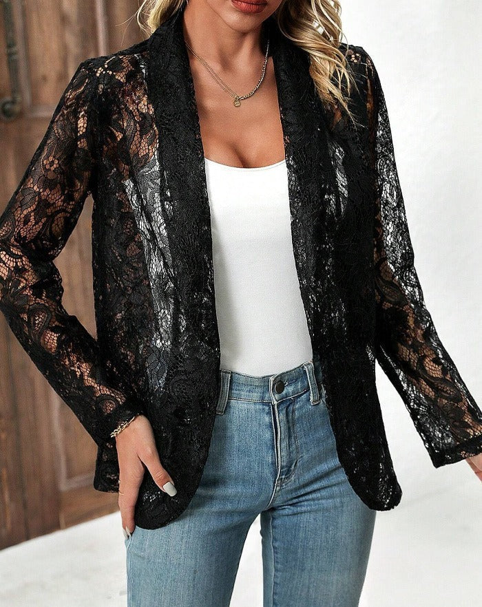 Women's lightweight lace jacket with a relaxed fit and open front, size [size]
