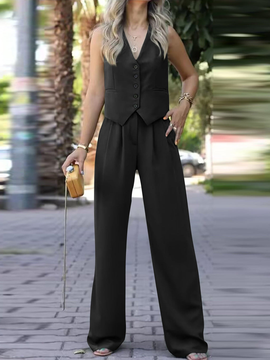 Sleeveless V-neck vest with wide-leg trousers ensemble
