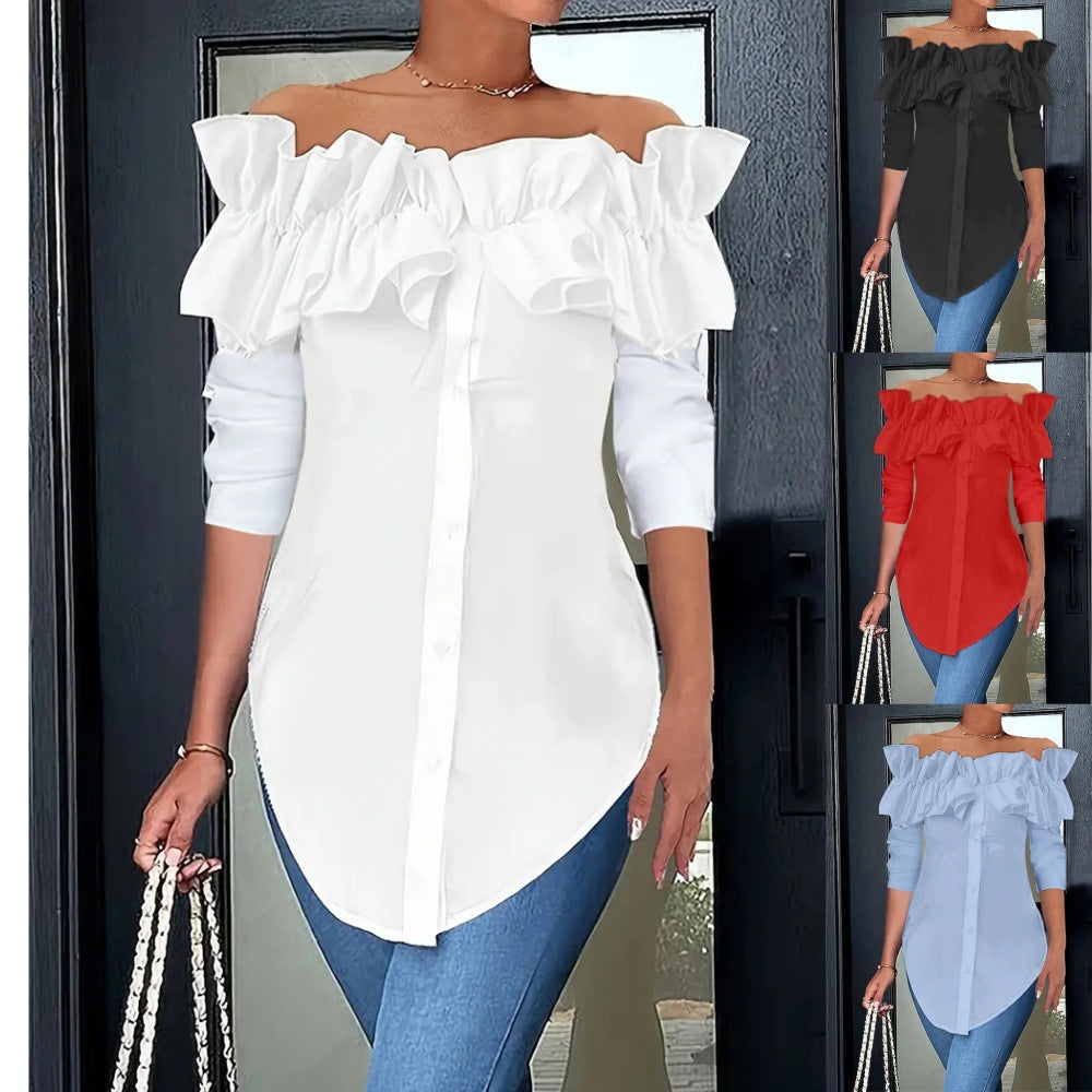 Damenbluse mit schulterfreiem Design und voluminösen Rüschendetails, Größe [Größe fehlt]
