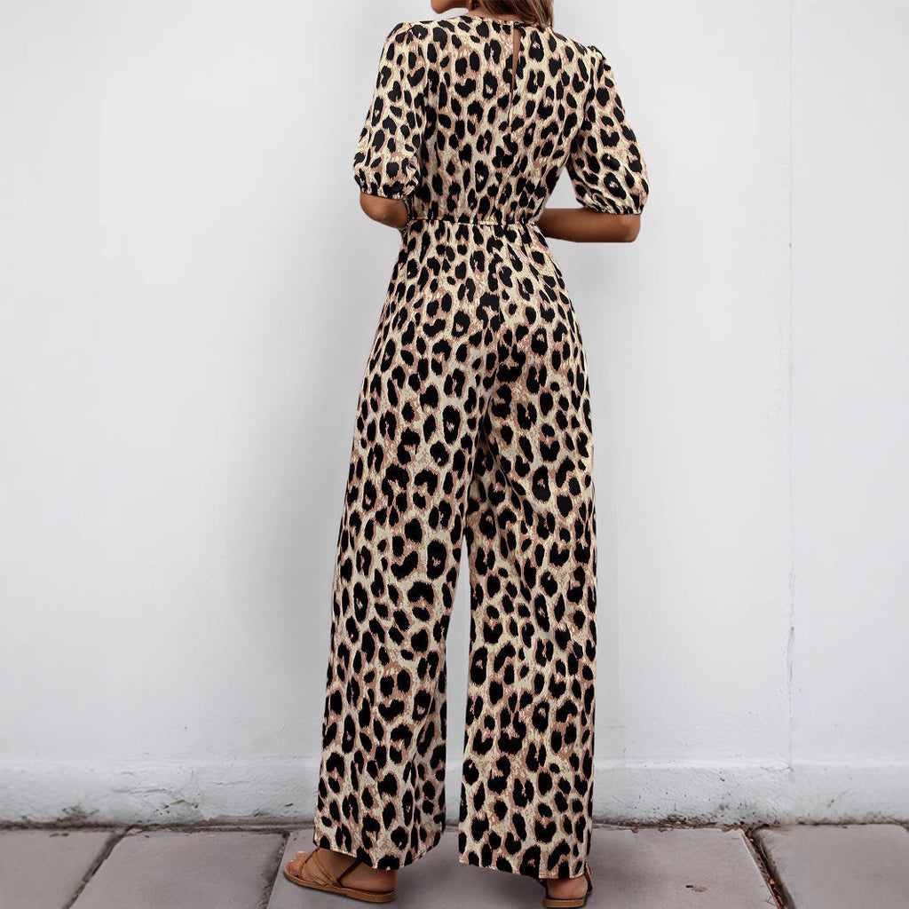 Damen-Jumpsuit mit elegantem Wickelausschnitt und modischem Leopardenmuster, Größe