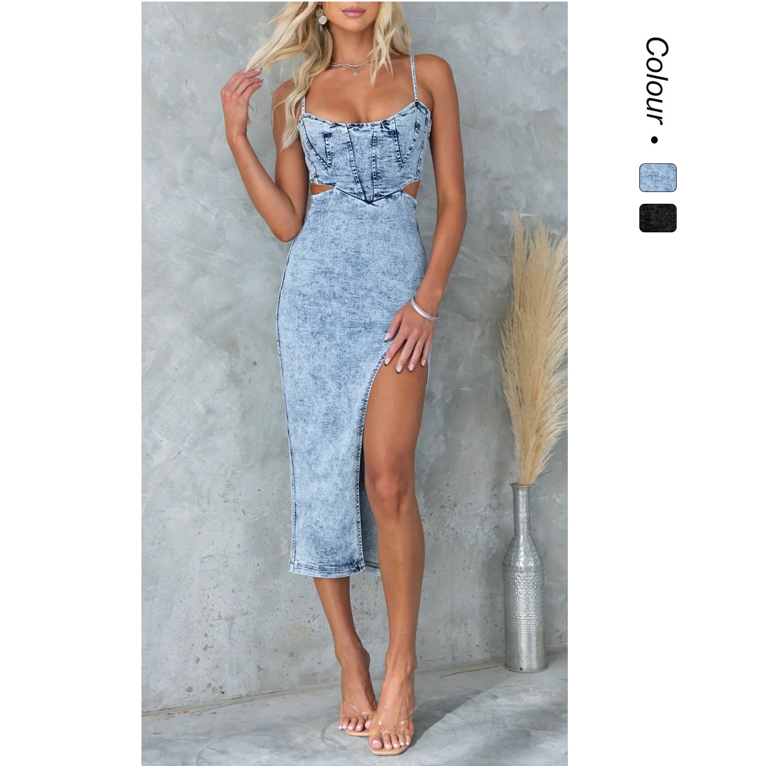 Women's denim midi dress with lace cut-outs and sexy slit, size [size]