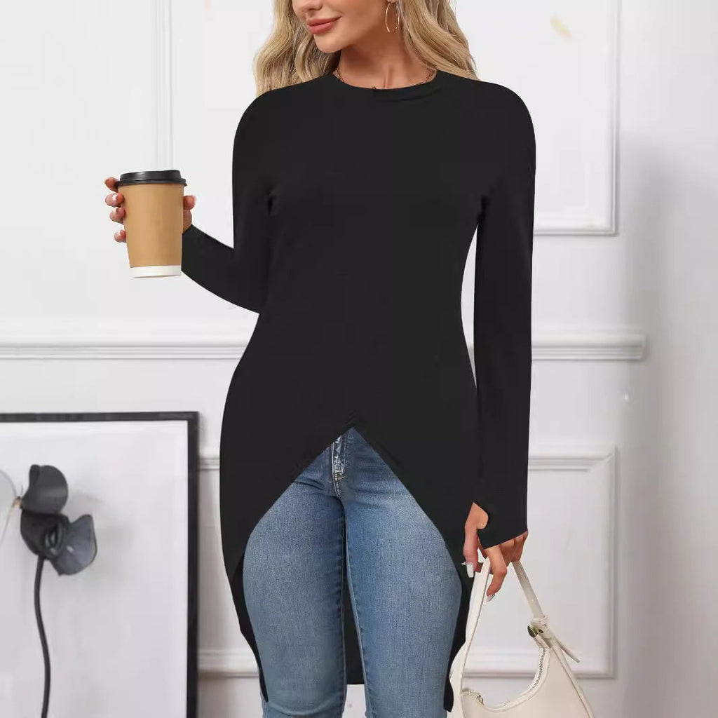Women's asymmetrical long tunic top with sophisticated wrap design, size Valenzora