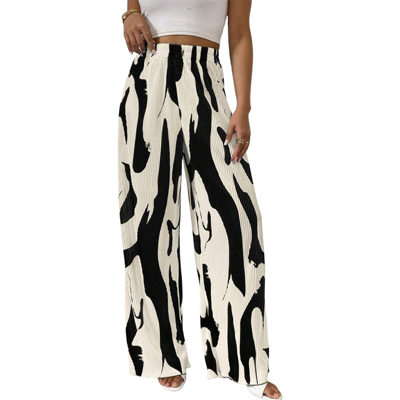 Women's wide pleated trousers with elasticated waistband and fashionable pattern, size [size]