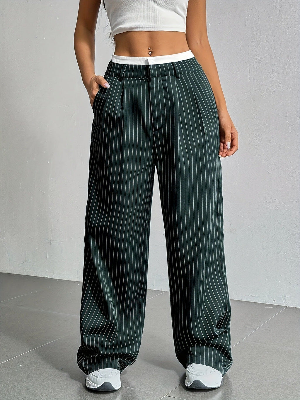 Women's Elegant Wide-Leg Pinstripe High-Waisted Trousers, Size