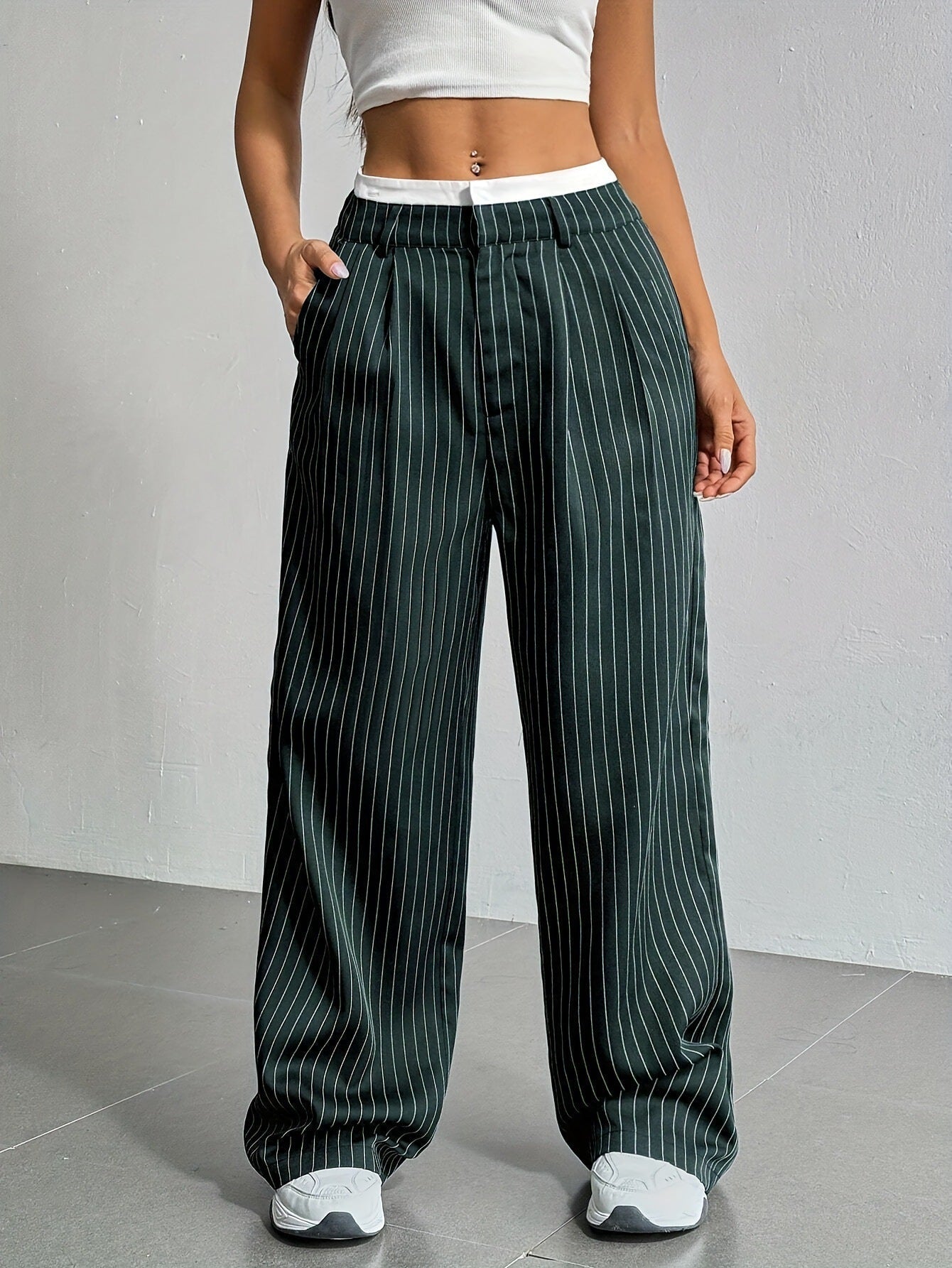 Women's Elegant Wide-Leg Pinstripe High-Waisted Trousers, Size