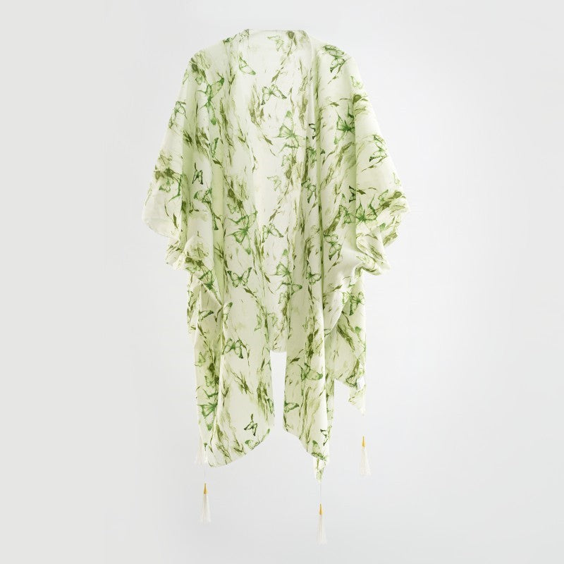 Women's elegant kimono with an artistic floral pattern and fringed edges, size Valenzora