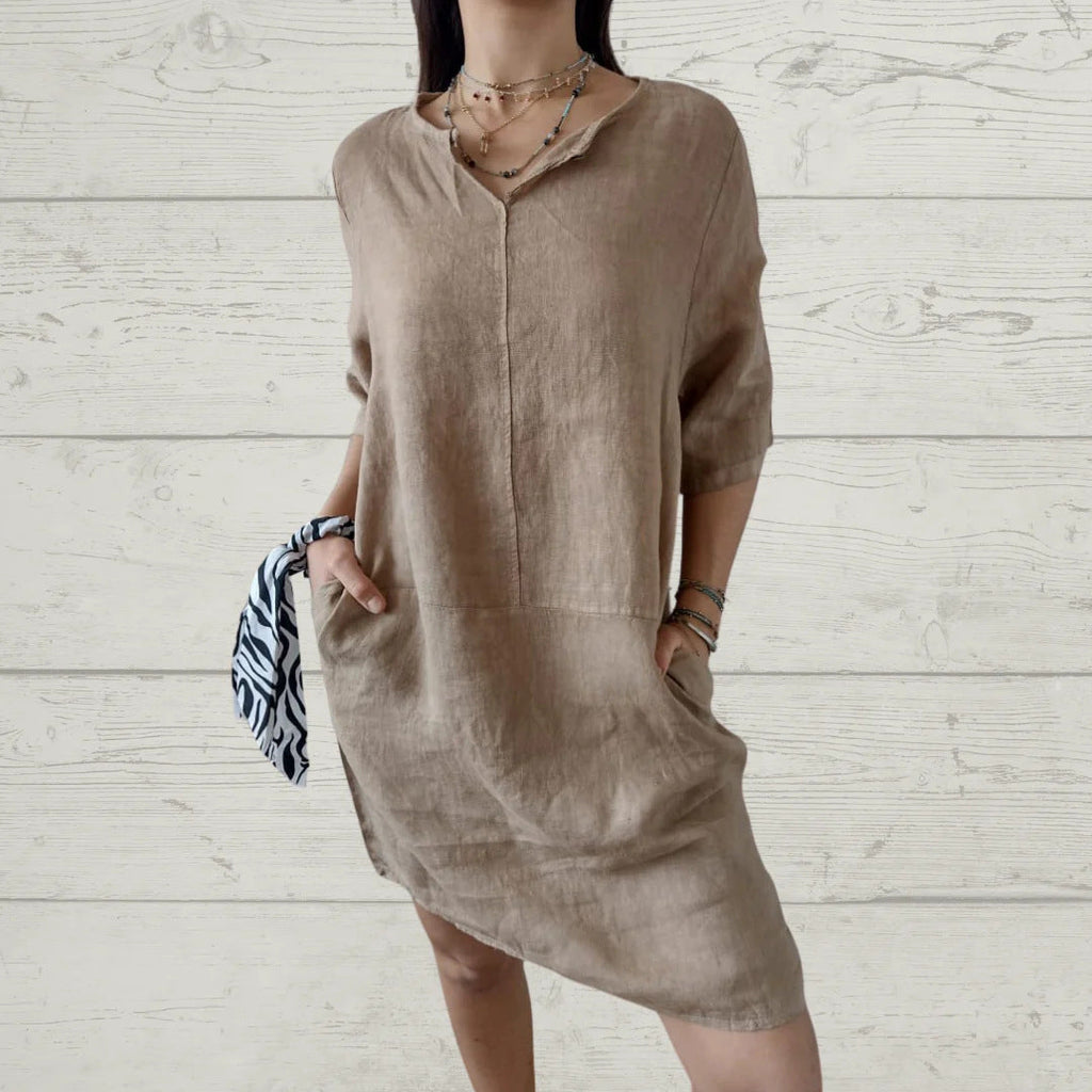 Damen-Leinenkleid mit Knopfleiste vorne und Seitentaschen, Größe