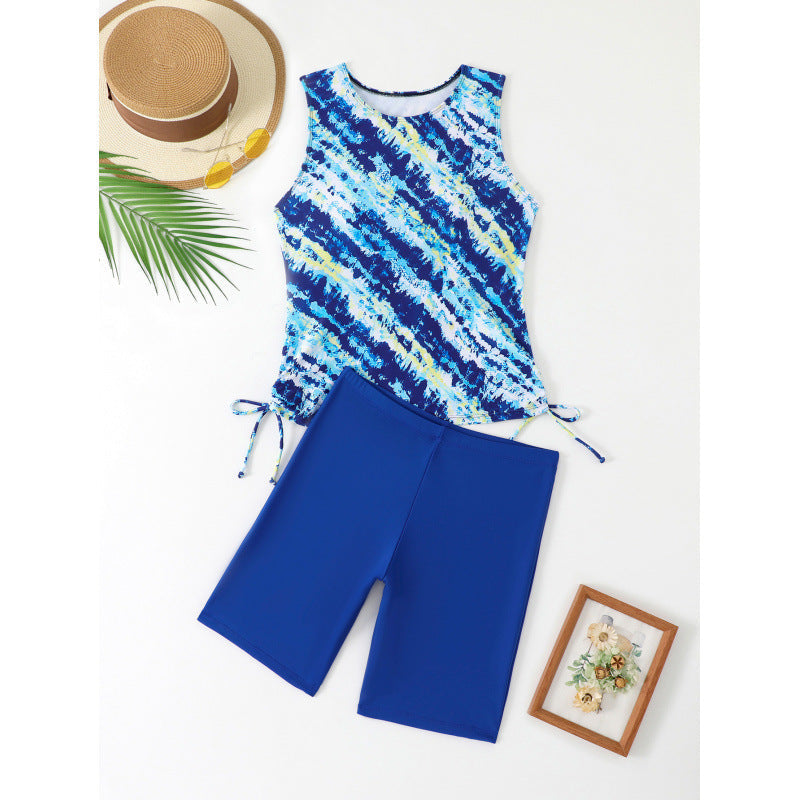 Women's sporty tankini set with fashionable watercolor pattern and comfortable shorts, size [size]