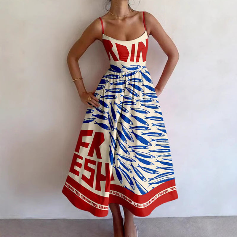 Women's midi dress with eye-catching graphic print and swing skirt, size S