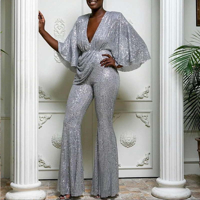 Valenzora | Sequin Deep V Backless Long Pants Jumpsuit