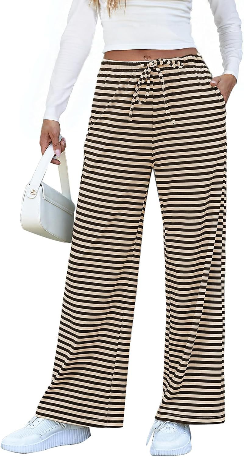 Women's wide-legged striped trousers with elasticated waistband and drawstring, size