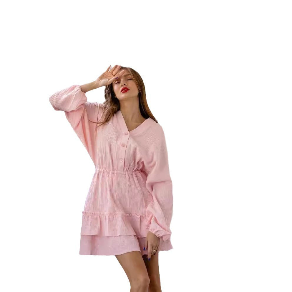 Damen-Babydollkleid für die Freizeit mit Knopfdetails und voluminösen Ärmeln, Größe [size missing]
