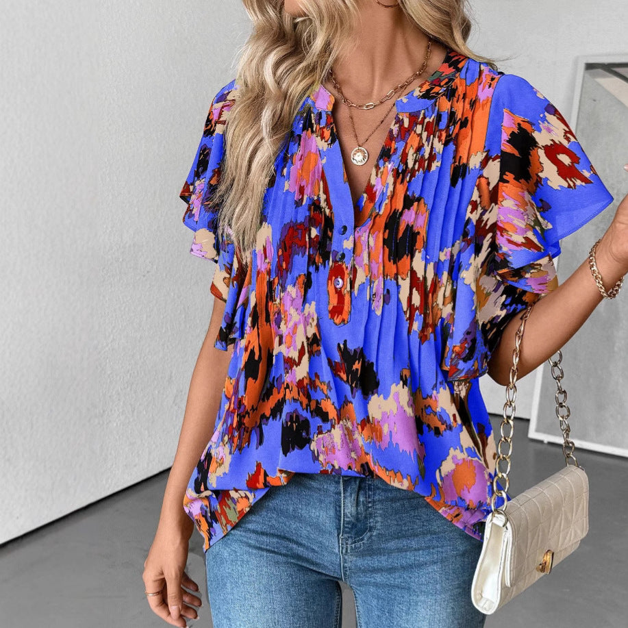 Damenbluse mit eleganten Rüschendetails und verspieltem Print, Größe S