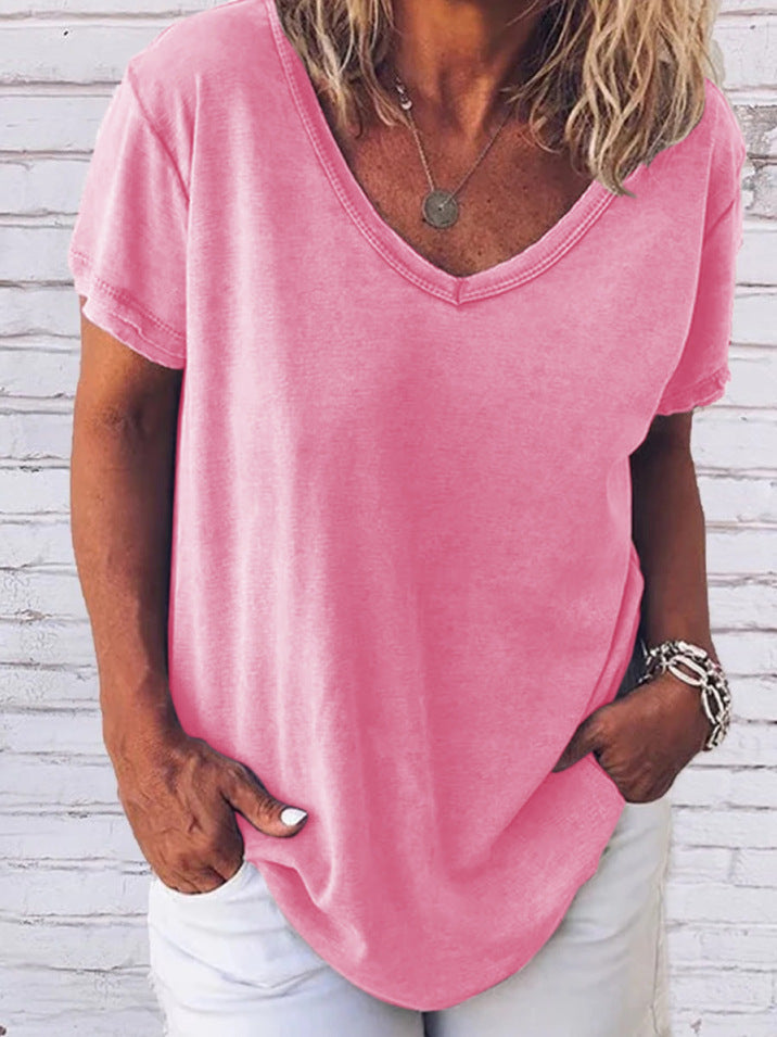 Valenzora | Jada V-neck short sleeve solid color T-shirt