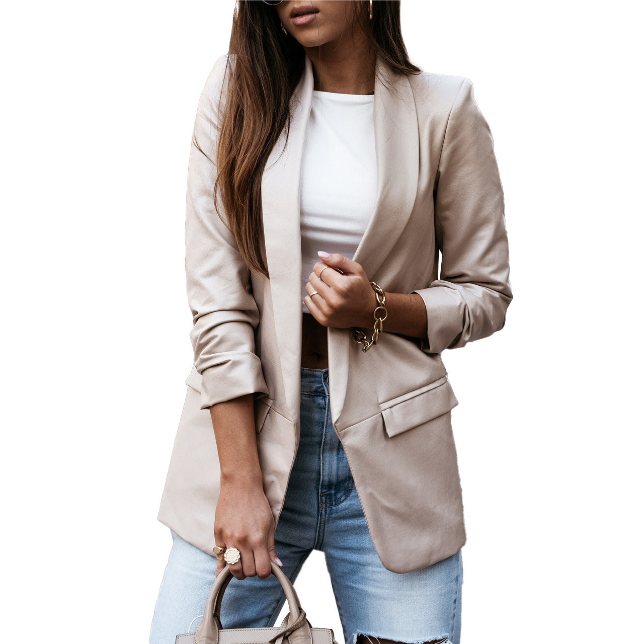 Women's faux leather blazer jacket with a modern cut and chic lapel, size [size missing]