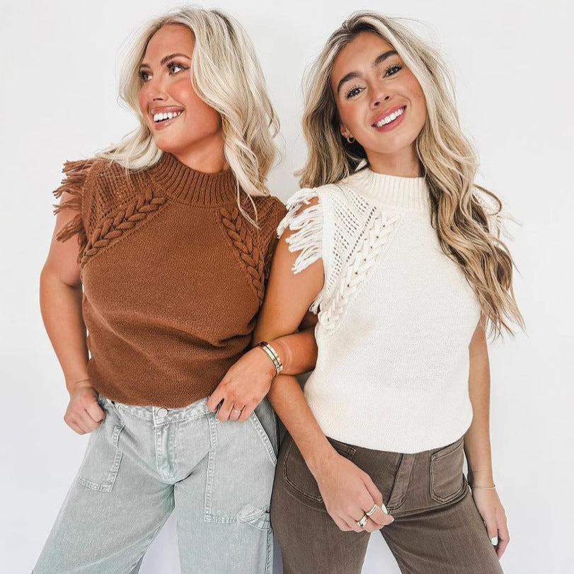 Women's elegant knit top with sophisticated crochet pattern and fringe, size S