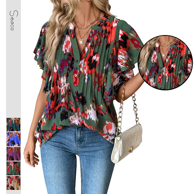 Damenbluse mit eleganten Rüschendetails und verspieltem Print, Größe S
