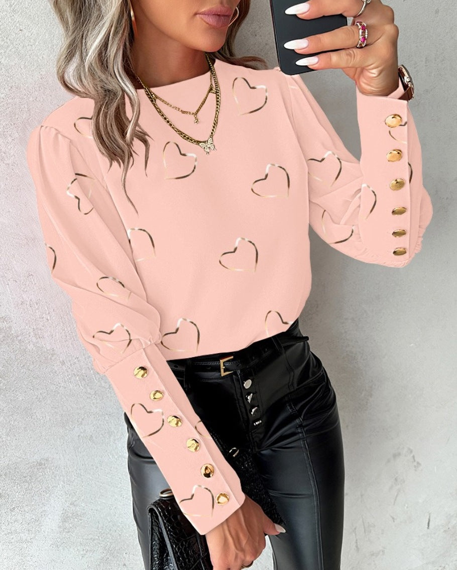 Women's long-sleeved round-neck button-up shirt