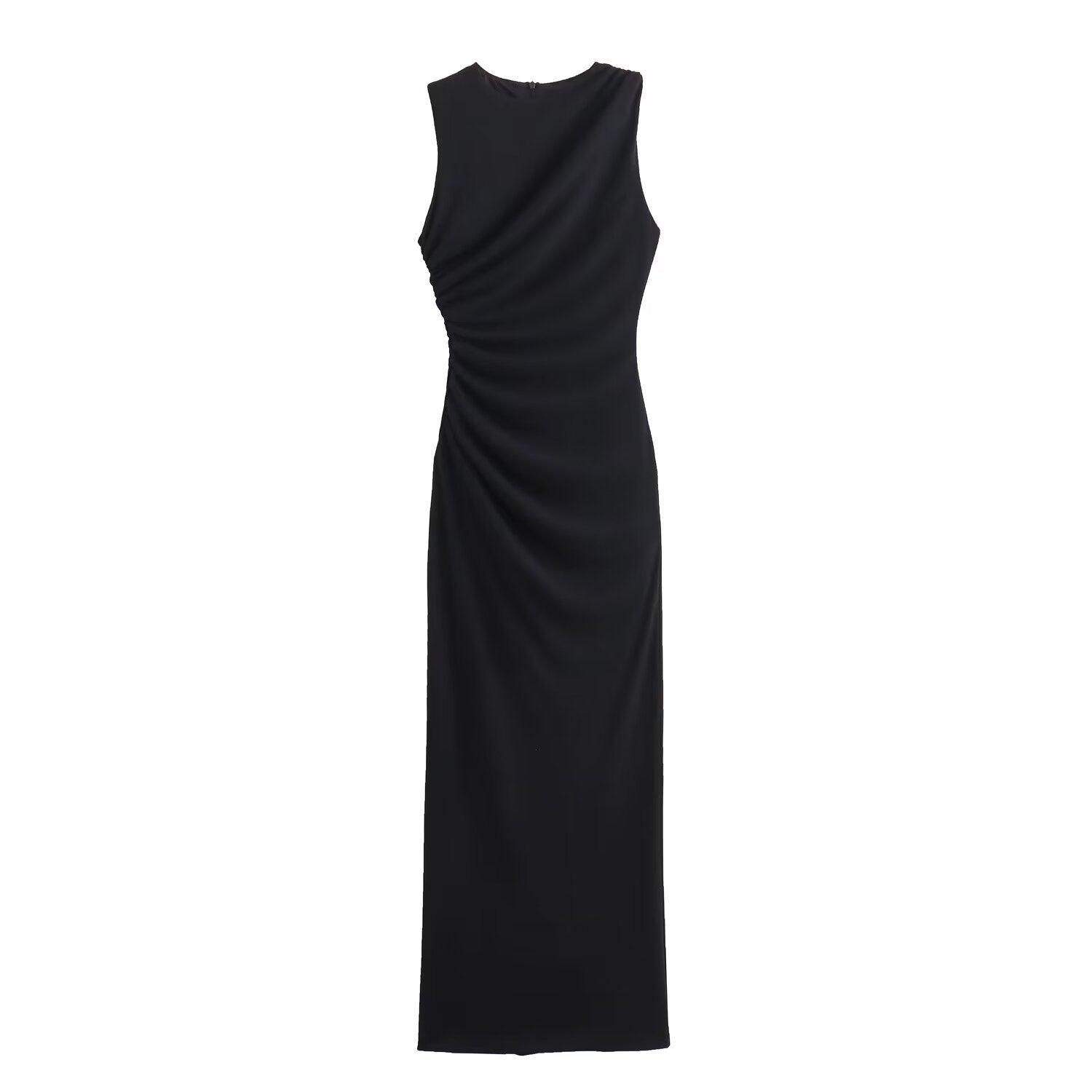 ValenzoraMODE | Solid Color Round Neck Sleeveless Pleated Slim Fit Dress