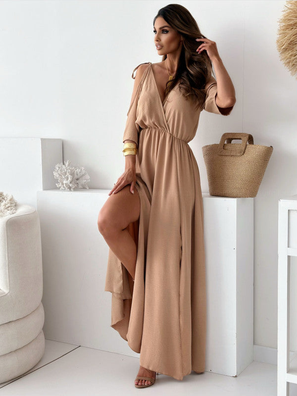 Valenzora | Satin Strappy Lace V-Neck Long Dress