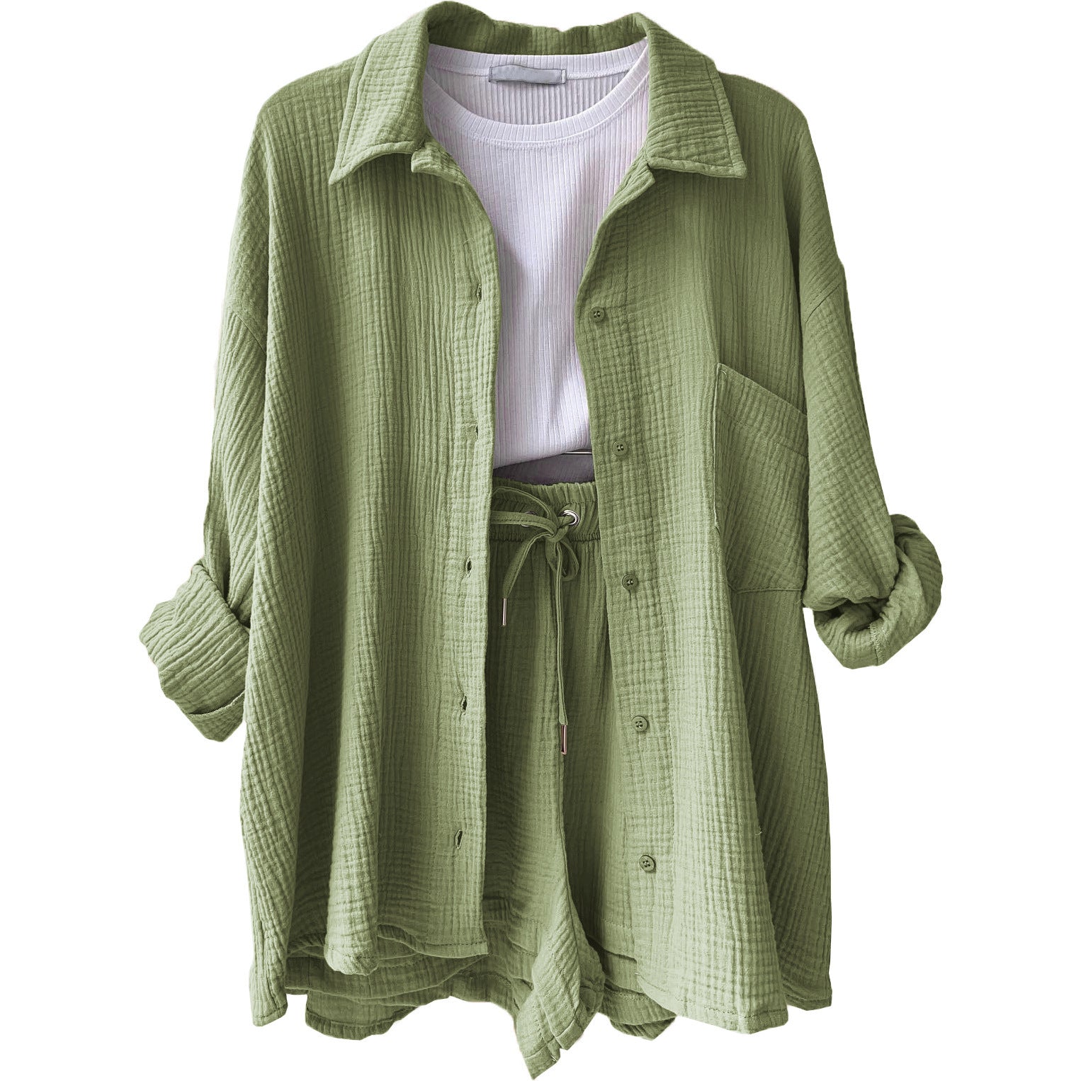 Women's casual summer outfit with modern button placket and elastic waistband, size S