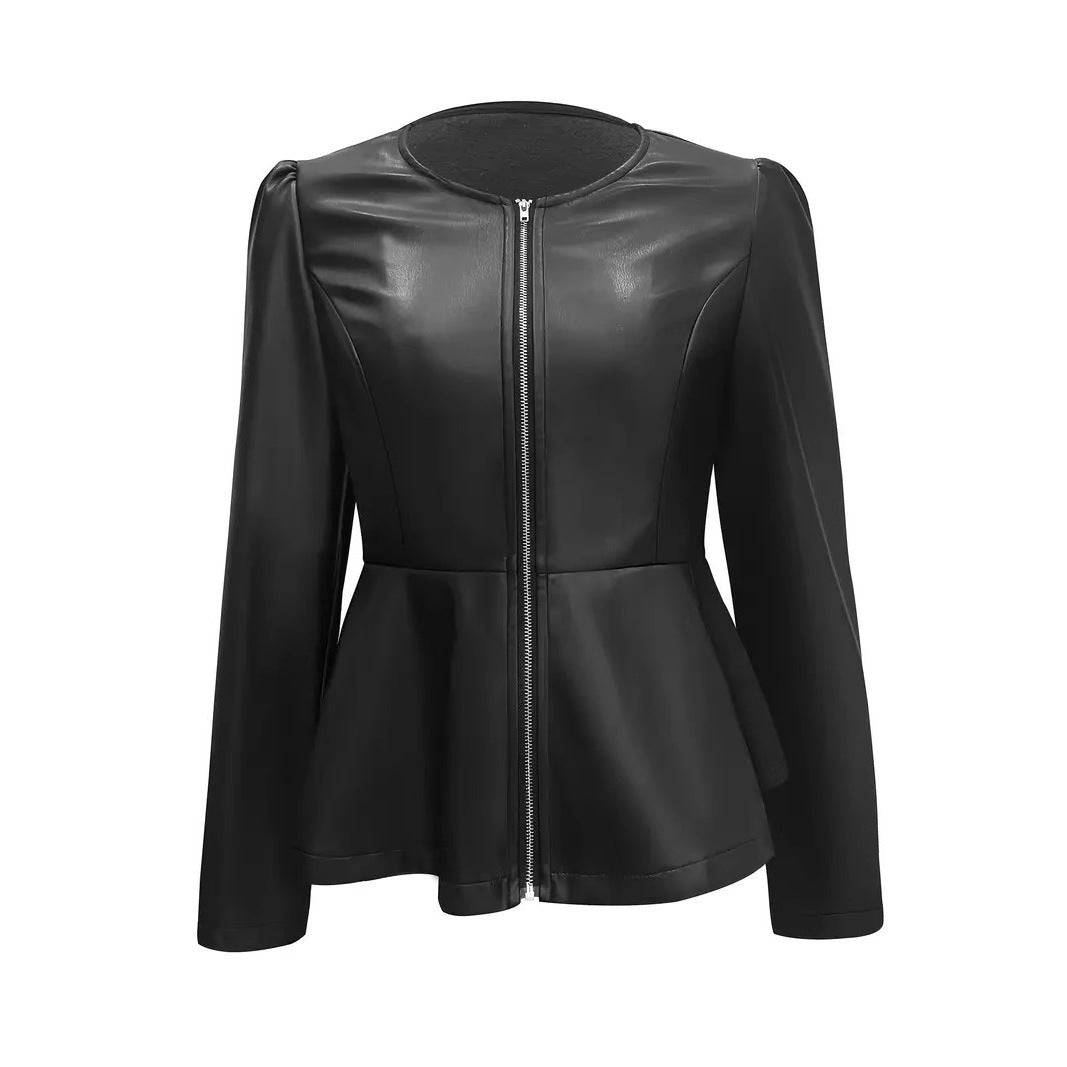 Women's faux leather jacket with an elliptical cut and puff sleeves, size [size missing]