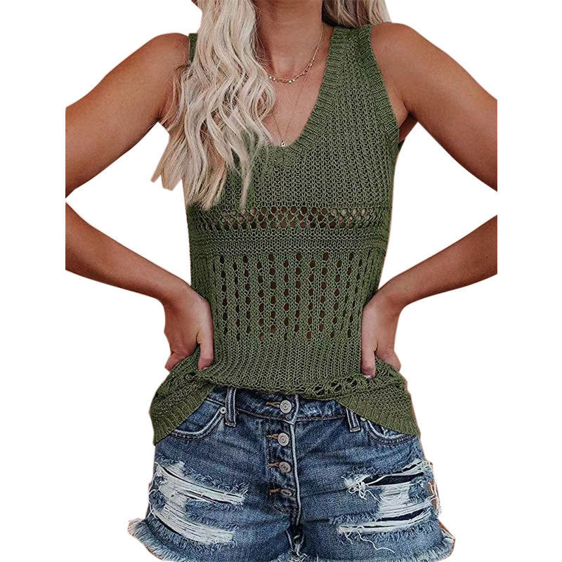 Women's airy knit top with V-neck and delicate openwork patterns, size