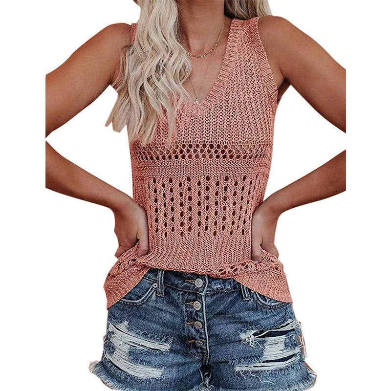 Women's airy knit top with V-neck and delicate openwork patterns, size