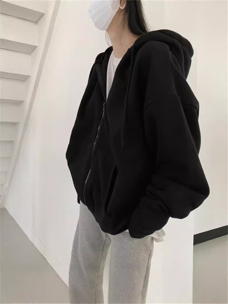 Valenzora Zip-up Oversized Solid Pocket Hooded Long Sleeve Loose Baseball Jacket