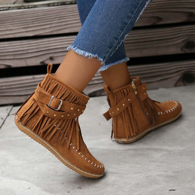 Valenzora | Boho-Stiefeletten mit Fransen und Schnallen für Damen