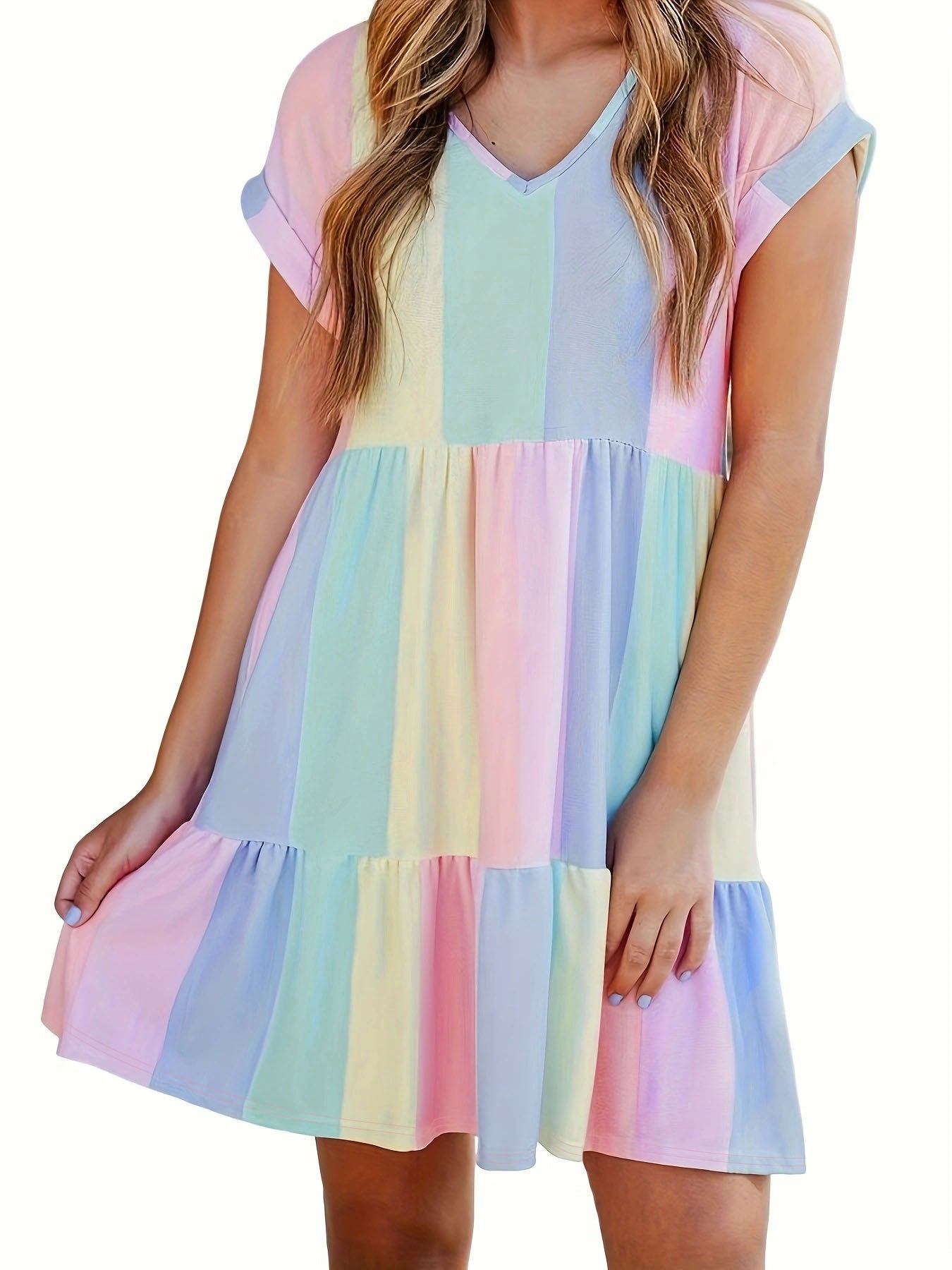 Damen Freizeitkleid mit farbenfrohem Streifenmuster und fließendem Design Drune