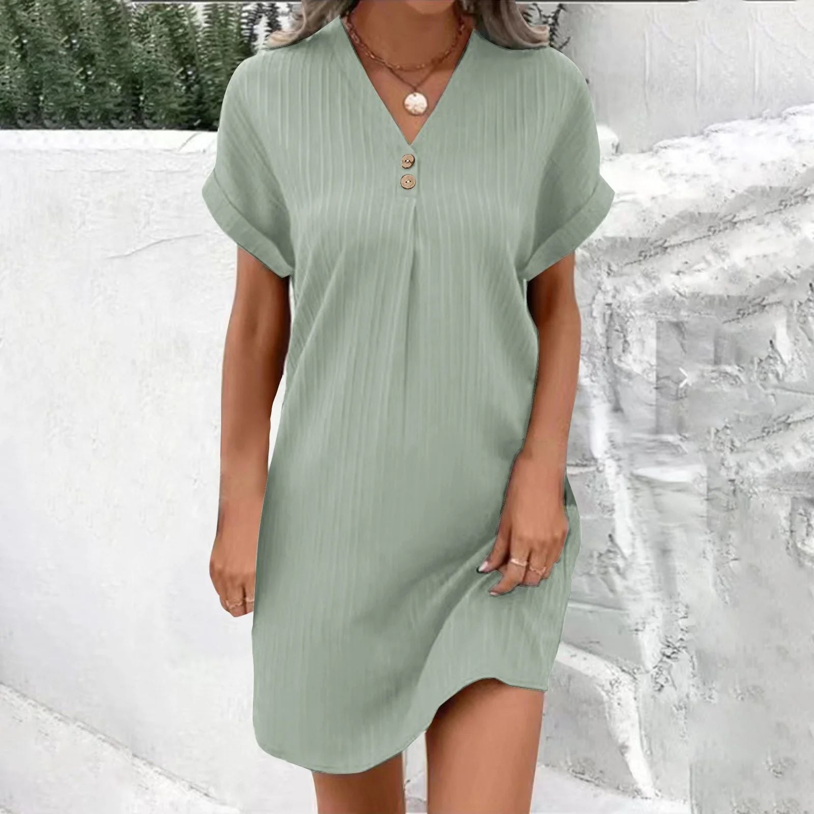 Women's short-sleeved dress with button placket and fine vertical stripe pattern, size