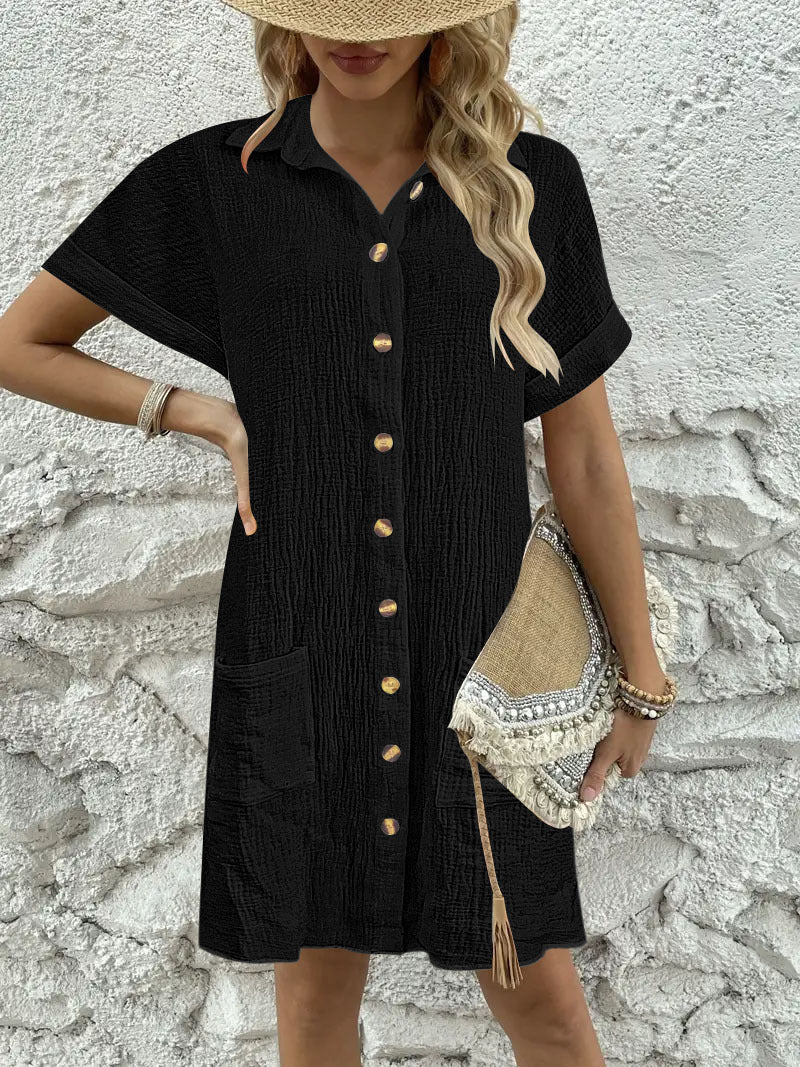 Women's knee-length shirt dress with button-up design and practical pockets, size S