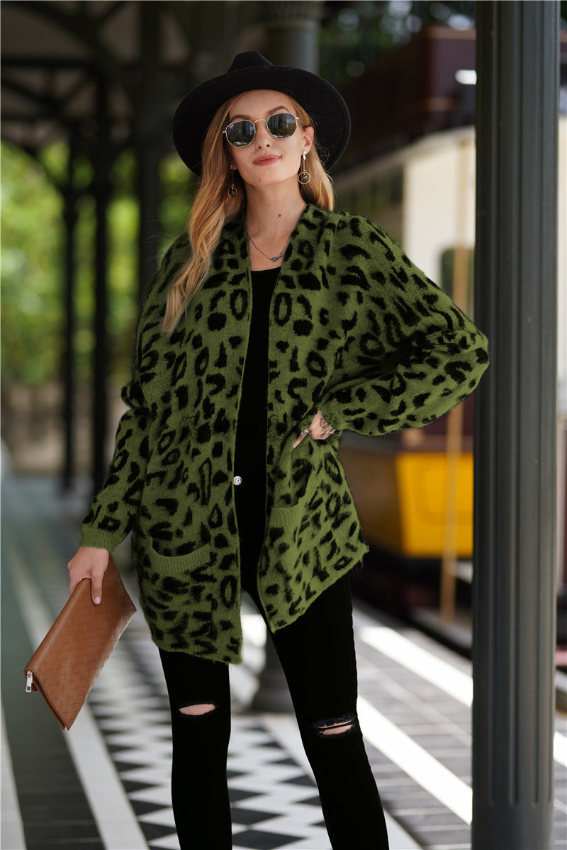 Damen Strickmantel mit Leopardenmuster, lässigem Schnitt und Taschen, Größe S