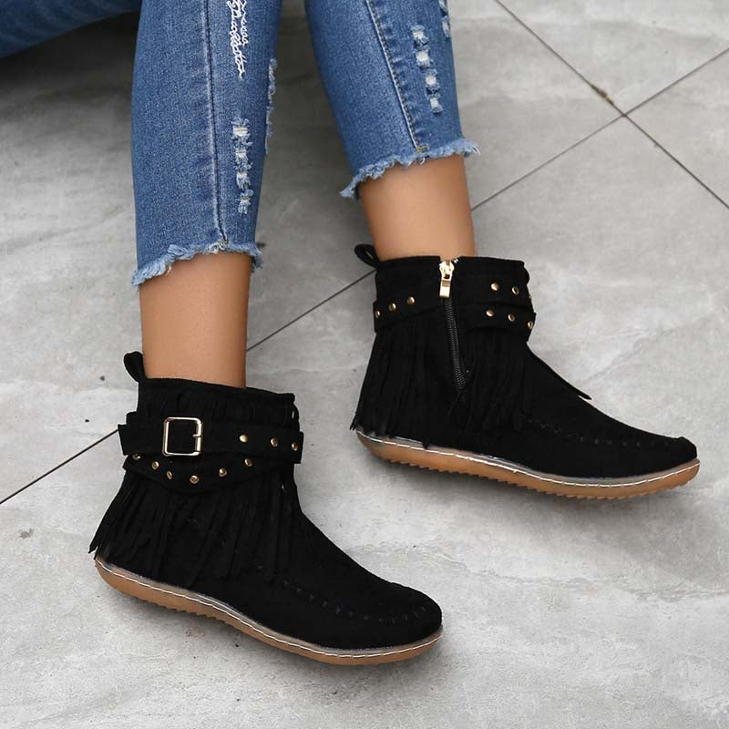 Valenzora | Boho-Stiefeletten mit Fransen und Schnallen für Damen