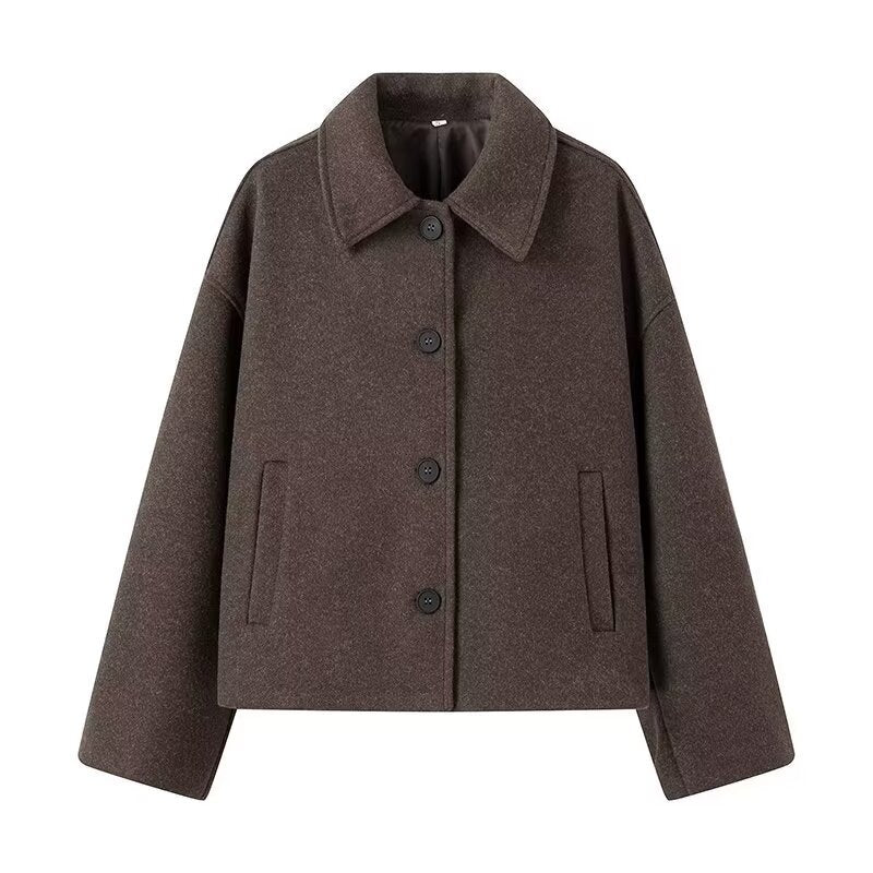 Women's casual wool jacket with a modern collar and practical side pockets, size S