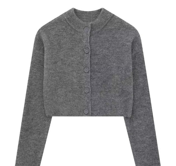 Women's short cardigan with button placket and elegant round neckline, size
