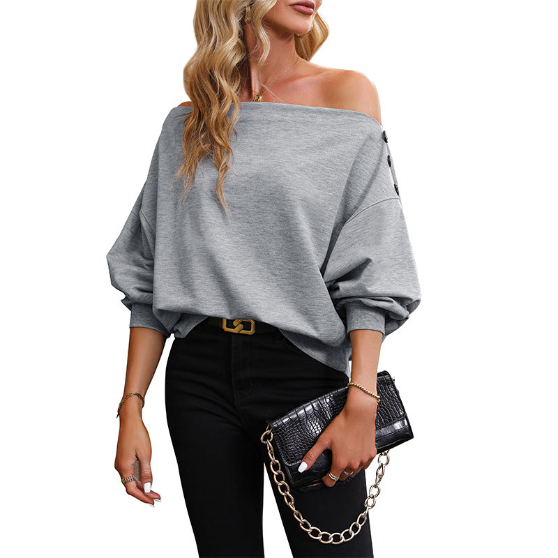 Damen lässiger One-Shoulder-Pullover mit auffälligen Knopfdetails, Größe