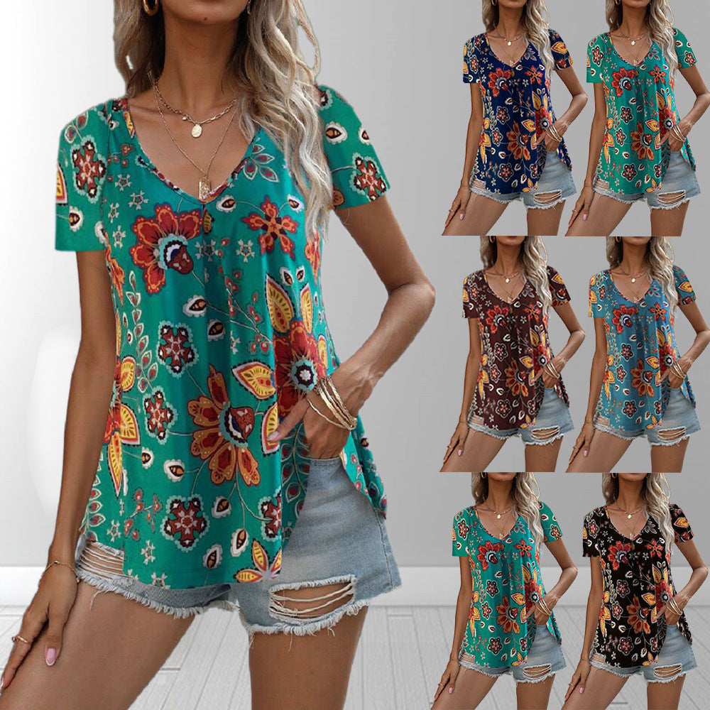 Women's floral top with deep V-neck and flowing cut, size