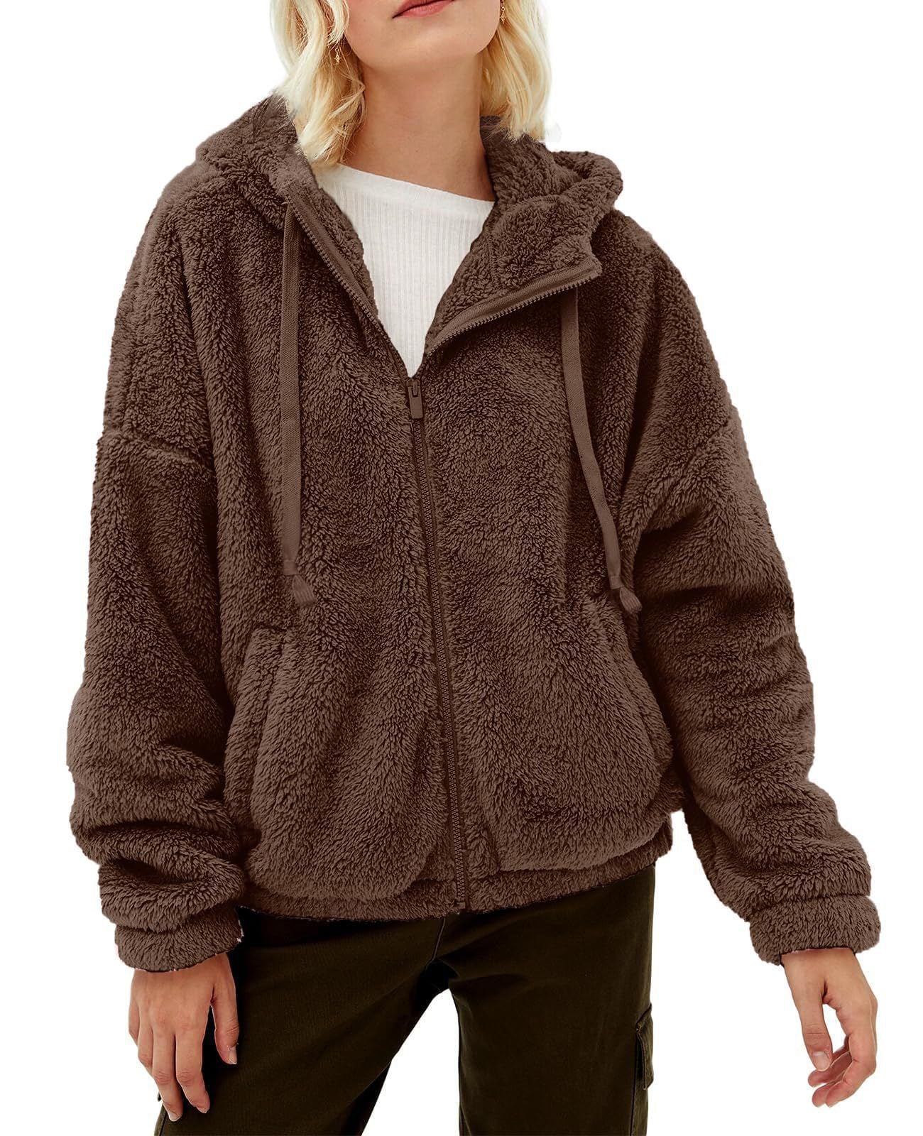 Women's Fluffy Hooded Jacket with Practical Pockets and Zipper, Size