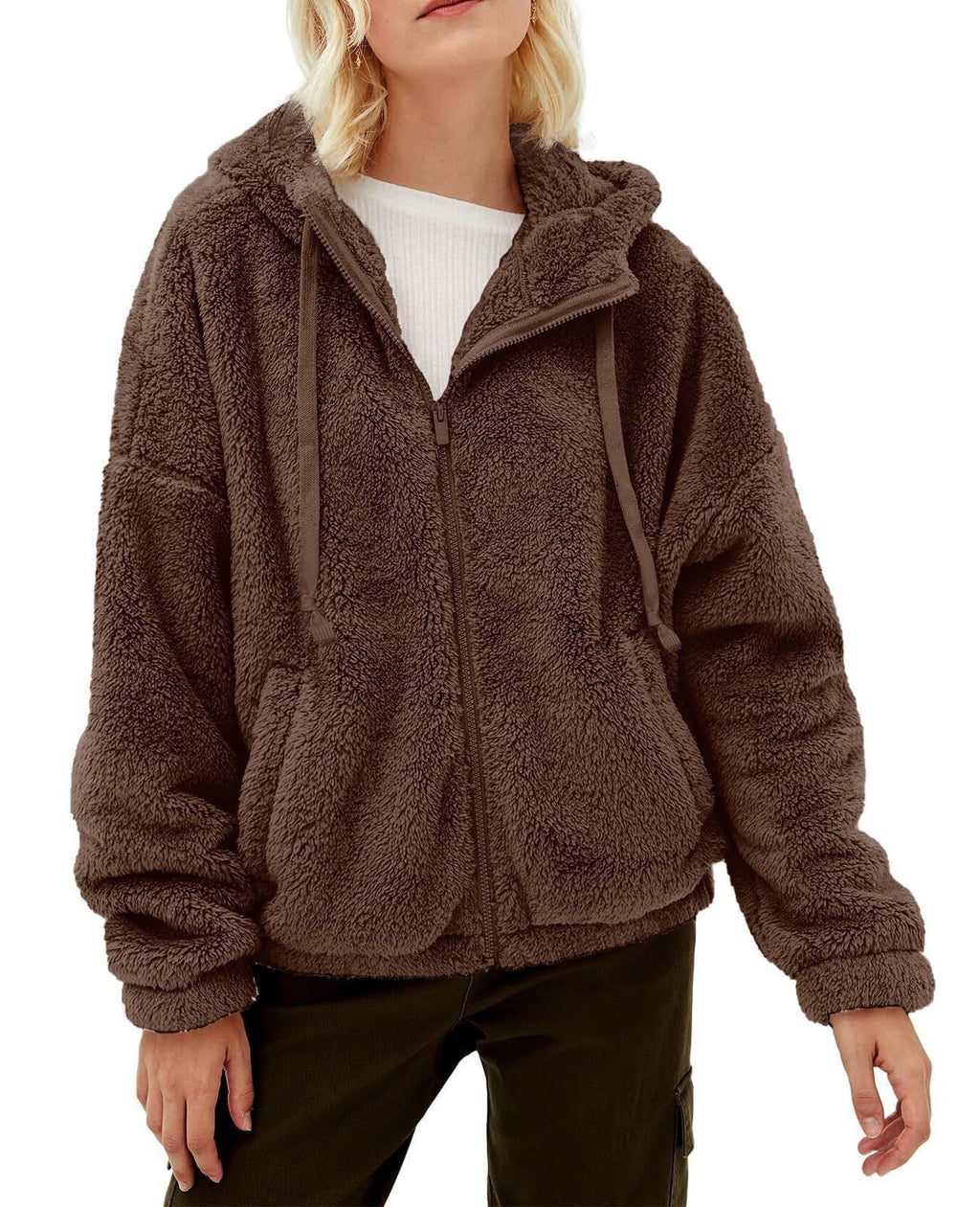 Women's fleece jacket with cozy lining and practical hood design, size S