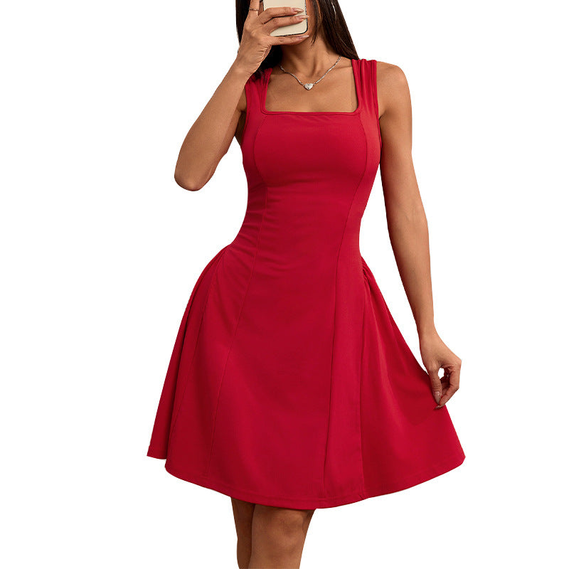 Women's A-line dress with square neckline and lined skirt, size