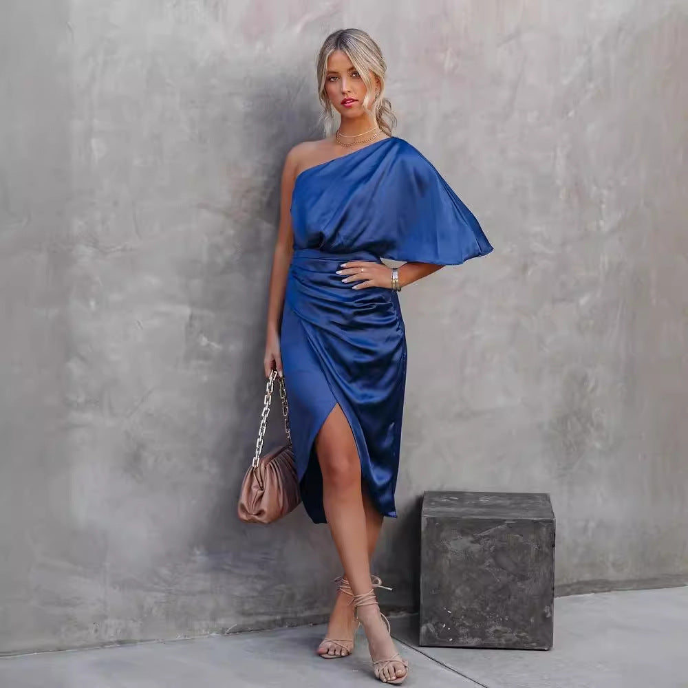 Women's satin evening dress with asymmetrical design and refined ruffles, size