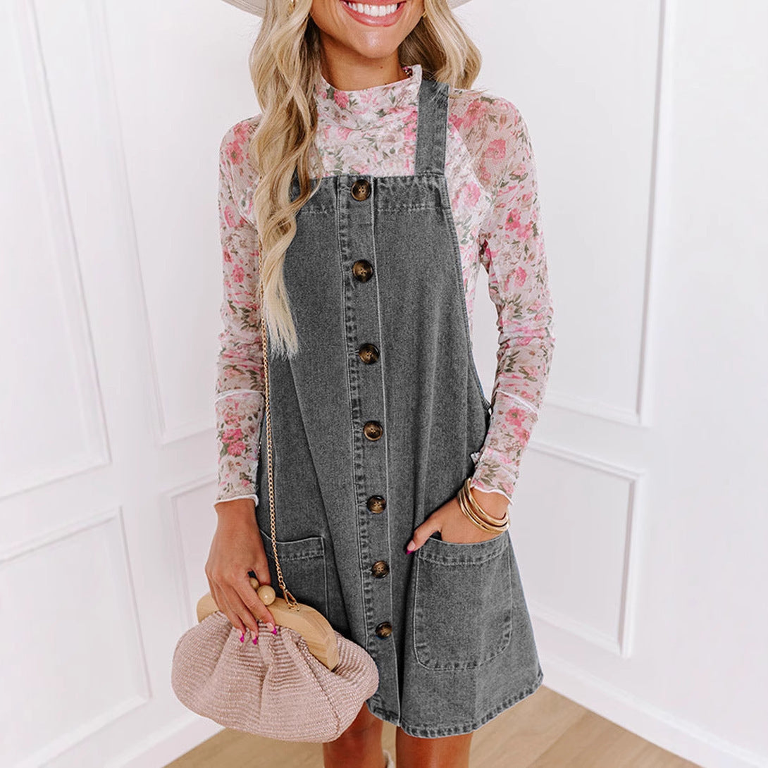 Women's denim dungaree dress with practical pockets and button details Drune